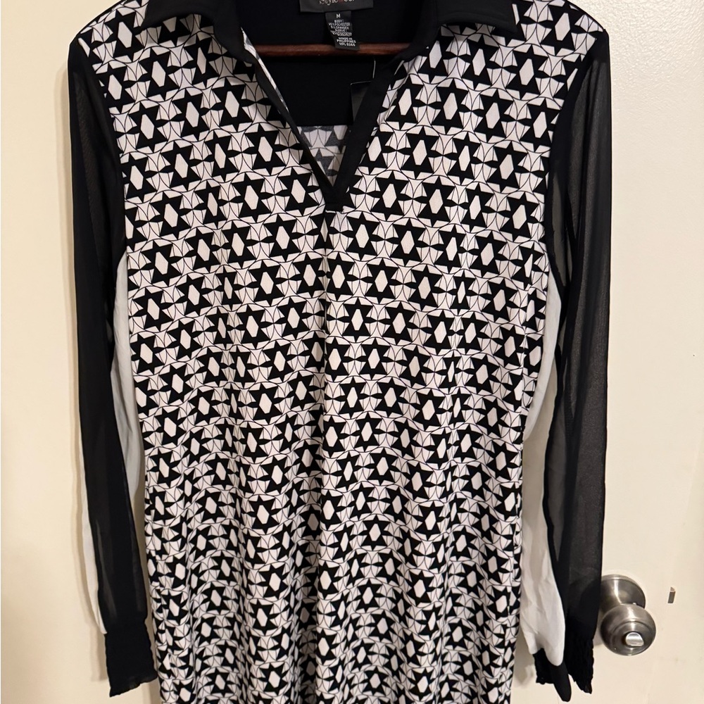 Style & Co. Black and White Buttoned Polo Blouse